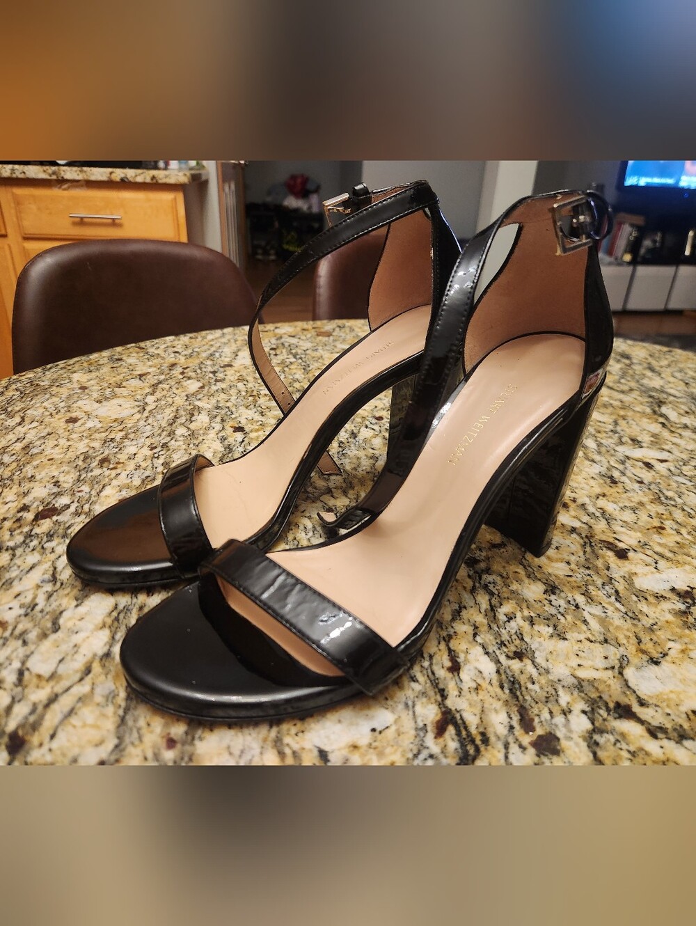Stuart Weitzman Black Patent Ankle-Strap High Block Heel Sandals, Size 7.5